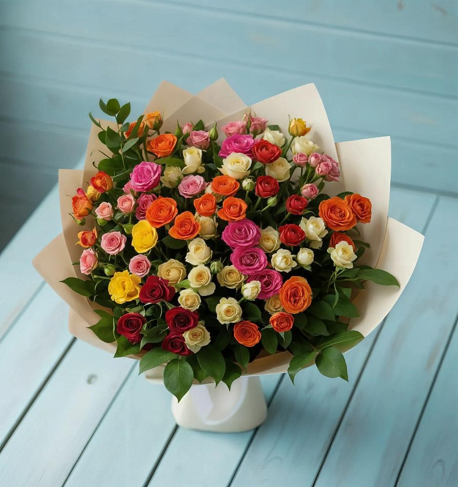 Букет Микс из разноцветных кустовых роз в Новочернореченский