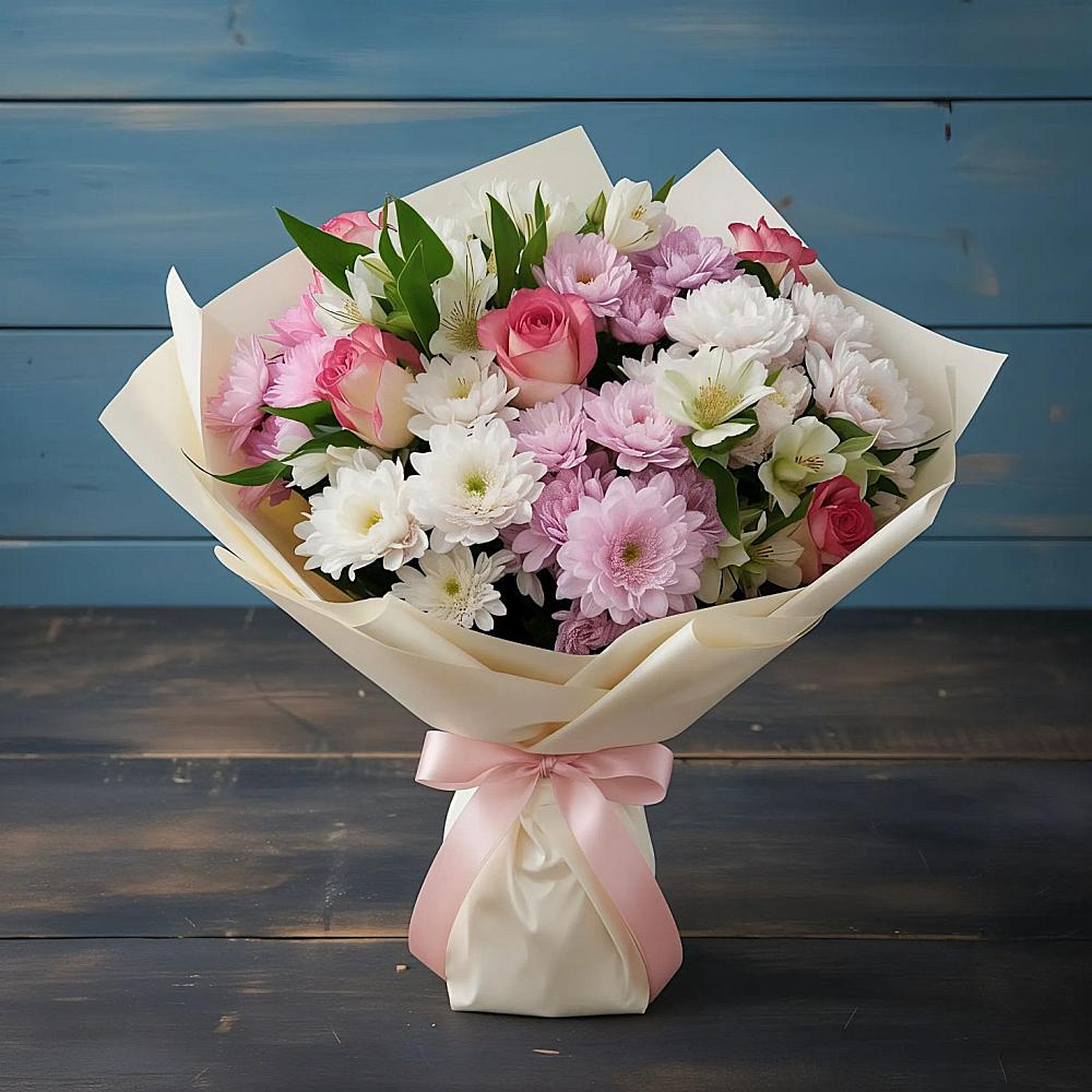 Букет цветов из: Хризантемы, Альстромерии и Розы в Новочернореченский